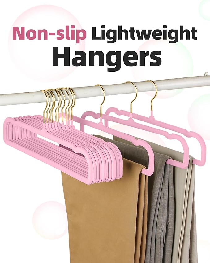 HGYZE Velvet Pants Hangers 20 Pack, 360° Swivel Gold Hook, Non Slip Felt Hanger for Spaghetti Strap Dresses Slack Jean, Blush Pink and Gold Felt Hangers, Cute Flocked Trouser for Adult Teen