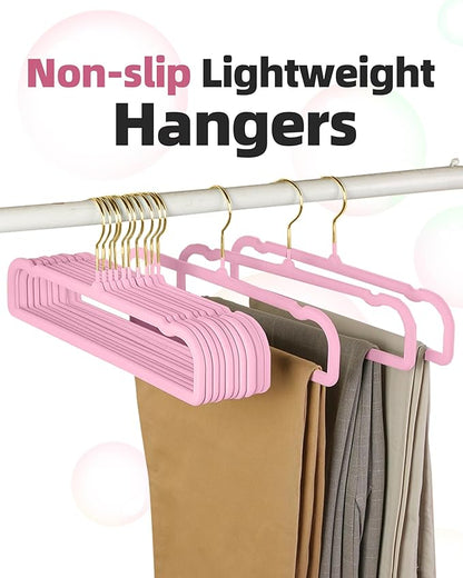 HGYZE Velvet Pants Hangers 20 Pack, 360° Swivel Gold Hook, Non Slip Felt Hanger for Spaghetti Strap Dresses Slack Jean, Blush Pink and Gold Felt Hangers, Cute Flocked Trouser for Adult Teen