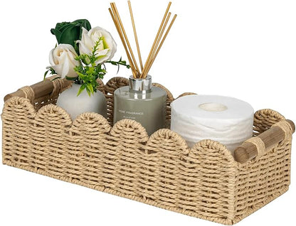 CubesLand Scalloped Edge Toilet Paper Storage Basket, Living Room Home Cozy Decor Basket, Paper Rope Small Baskets for Over Toilet Storage Shelf, End Table, Shelves, with 2 Wooden Handles, Beige