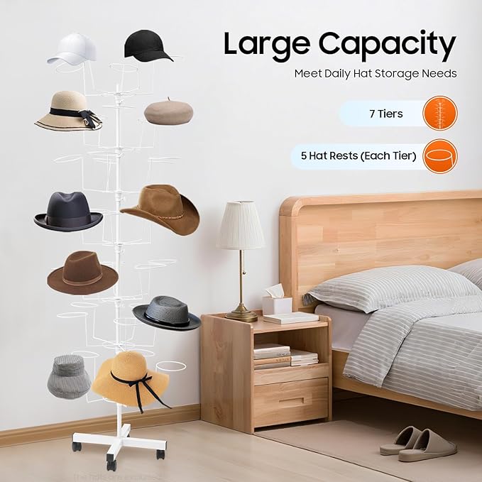 Floor Stand 7 Tier 35 Hats Rotating Hat Display Rack Cowboy Baseball Hat Stand Hang Organizer Retail Hat Rack Rotating Spinner Stand Fit Shop Standing Hat Rack Baseball Cap Display (White)