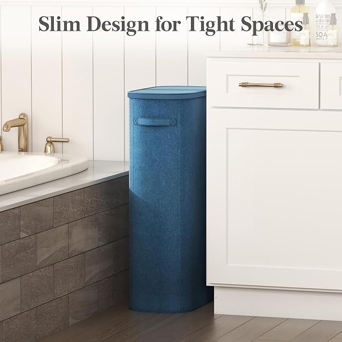 Lifewit Slim Laundry Basket with Lid, Narrow Large Laundry Hamper with Plastic Handles and Removable Bag, Tall Foldable Dirty Clothes Hampers for Laundry Room, Bedroom, Bathroom, Dorm, 75L Dark Blue