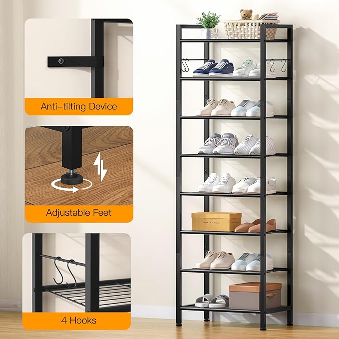 8 Tiers Narrow Shoe Rack 16-24 Pairs, Sturdy Metal Tall Shoe Rack with 4 Hooks, Slim Shoe Storage Organizer with Metal Shelf, Space Saving Vertical Shoe Shelf for Entryway, Closets, Black