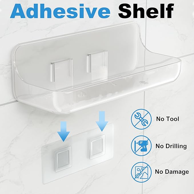 Adhesive Shower Caddy, 2 Pack Acrylic Bathroom Shelves, No Drill Wall Mount Organizer Storage Shelf