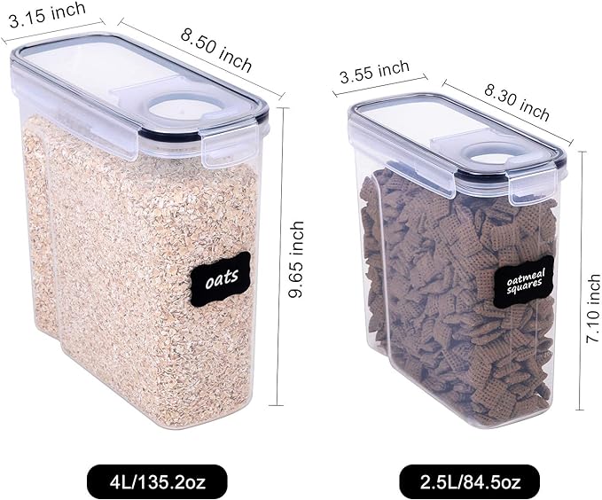 FOOYOO Cereal Containers Storage Set - 6 Piece Airtight Large Dry Cereal Storage Containers(4 * 4L+2 * 2.5L), BPA Free Dispenser Plastic Cereal Storage Containers with 16 Labels & Pen