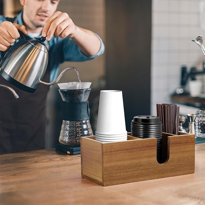 ALELION Acacia Wood Coffee Cup Holder for Countertop - Wood Coffee Bar Accessories and Organizer - Coffe Station Organizer for Cup Lid Stirrers Pod