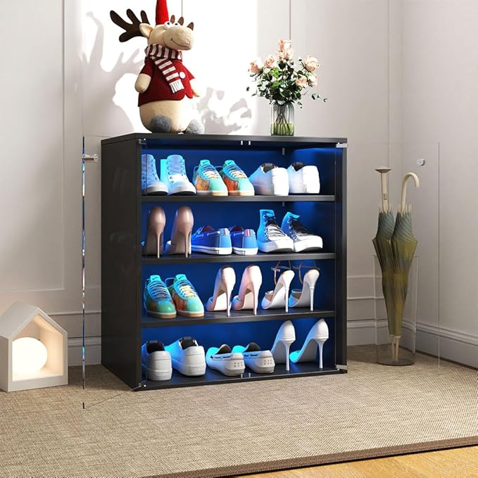 Shoe Box with RGB LED Light, Wooden Stackable Shoe Storage Box with Glass Door, Sneaker Storage Box Shoe Rack Container Holder, Shoe Storage Bin Shoe Display Case, for Shoe Collection