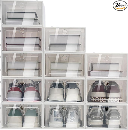 24 Pcs Sheer Shoe Boxes, Space Saving Shoe Boxes Clear Plastic,DIY Stackable Shoe Organizer Cabinet for Entryway Drawers