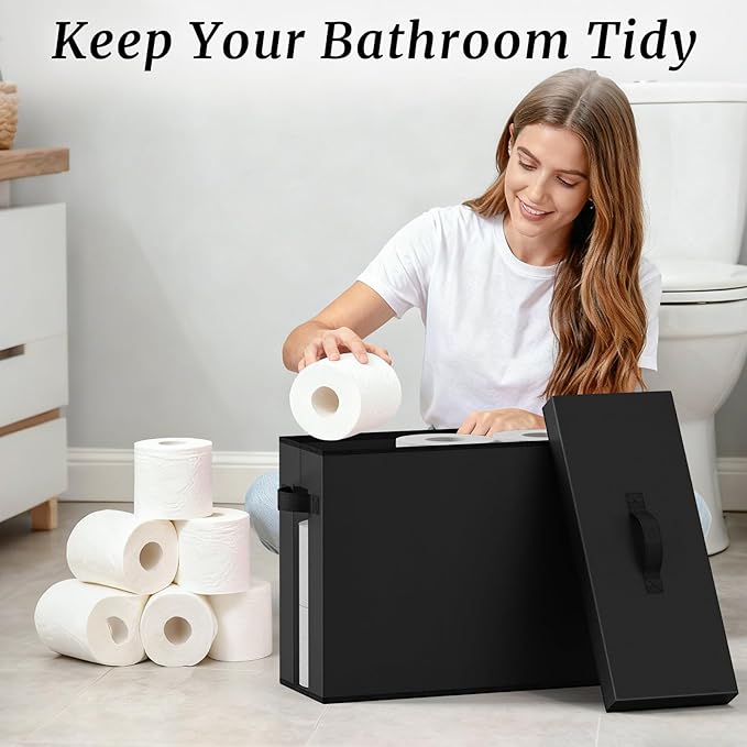 NAMTSO Bathroom Toilet Paper Storage with Lid - for Up to 12 Rolls | Storage Bins with Lids for Towel or Yarn | Free Standing | Foldable | Moisture Resistant | Clear Plastic Window | Black | 1 Pack
