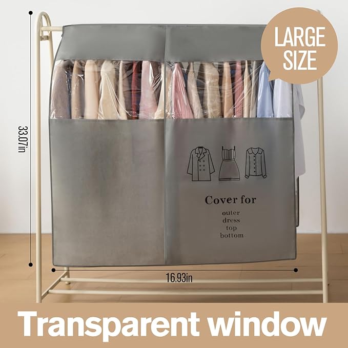 Non woven clothing cover with transparent window, suitable for hanging clothing storage protectors for dresses, tops, and outerwear (Grey, 34inch*2Pack)