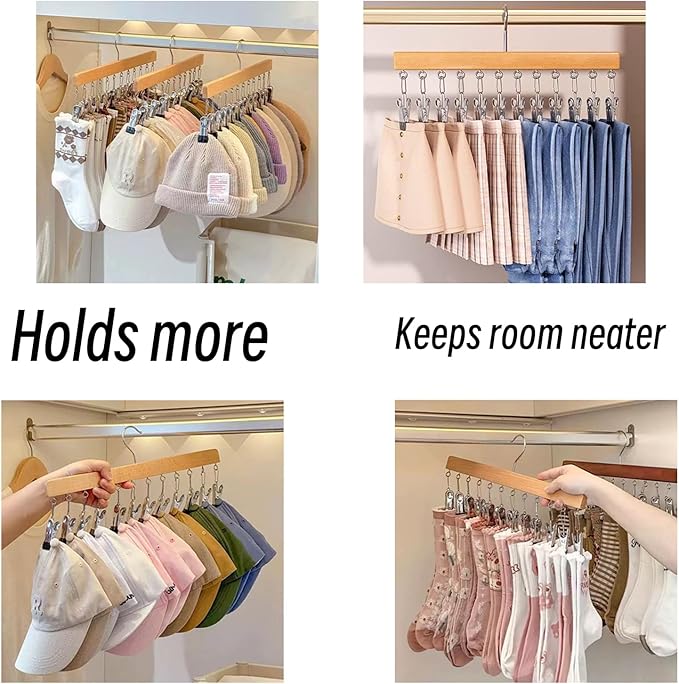 Legging Organizer for Closet-24 Clips Yoga Pants Hangers Space Saving, Wood Hanging Closet Organizers and Storage for Leggings, Jeans, Skirts, Hats, Shorts, Socks - 360° Rotating(2 Pack Vintage)