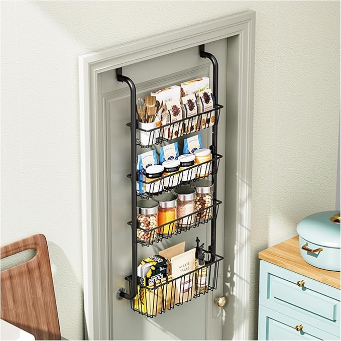 Over The Door Organizer - 4/6/8 Tier Removable Metal Storage Baskets for Pantry Bathroom Back of Door Adjustable Door Hanger Rack Black