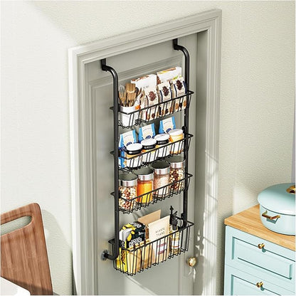 Over The Door Organizer - 4/6/8 Tier Removable Metal Storage Baskets for Pantry Bathroom Back of Door Adjustable Door Hanger Rack Black