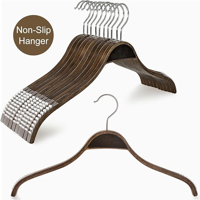 TOPIA HANGER Slim Wooden Hangers with Extra Soft Non-Slip Rubber Grips, 10-Pack High-Grade Fashion Hanger No Shoulder Bump for Sweater, Camisole, Jacket, Dress, Coat (Antique) -CT15A