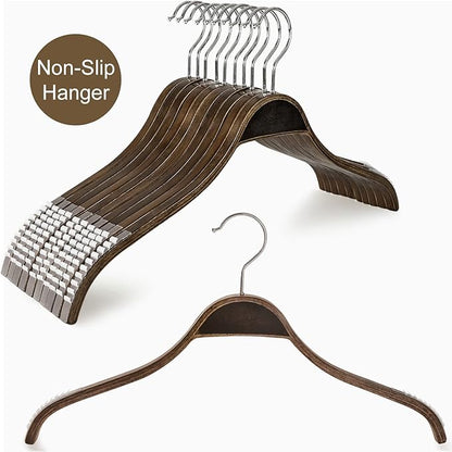 TOPIA HANGER Slim Wooden Hangers with Extra Soft Non-Slip Rubber Grips, 10-Pack High-Grade Fashion Hanger No Shoulder Bump for Sweater, Camisole, Jacket, Dress, Coat (Antique) -CT15A