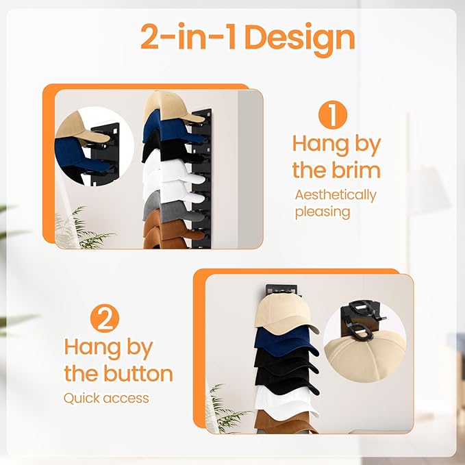 2 Pack Black Hat Organizer - Hat Rack for Wall & Cap Organizer, Strong Adhesive Multilayer Storage Holder, Wall Mounted Hooks Hold 18 Hats, Easy to Install for Bedroom & Closet Door