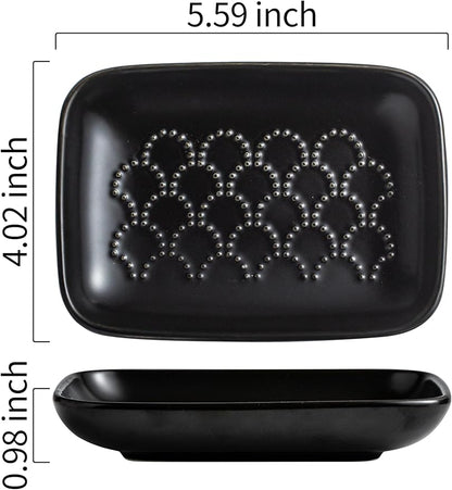 Gomakren Ceramic Soap Dish with Raised Scalloped Design, Versatile Soap Holder & Tray for Bathroom and Kitchen Sink, Prevents Soggy Soap, Modern Decor, Easy to Clean, Black (5.59" x 4.02")