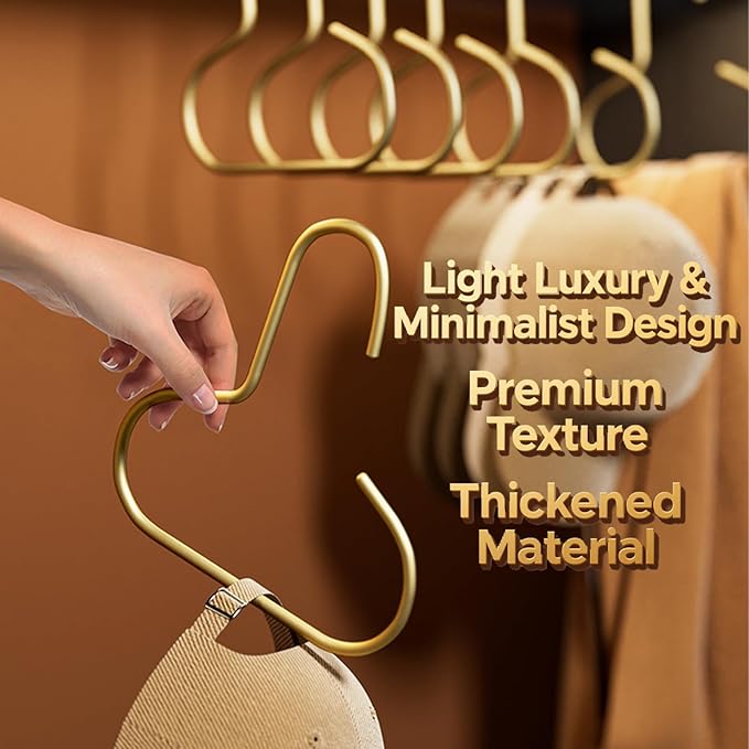 2 Pack Hat Hangers for Closet, Metal S Shaped Hooks Organizer for Baseball Caps, Scarves, Belts & Bras, Heavy Duty Storage Holder with Gold Finish