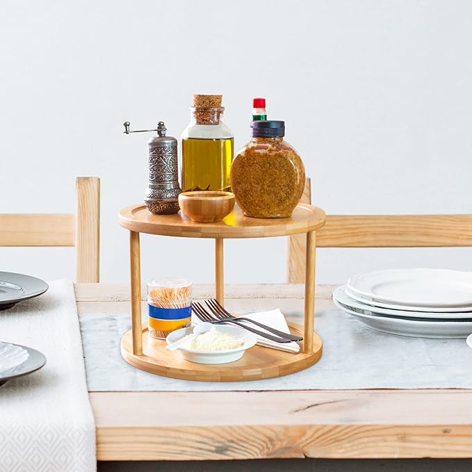 TB Home Two-Tier Bamboo Wood Lazy Susan Organizer Kitchen Turntable for Cabinet, Table or Pantry Organization, 10" Diameter & 7-1/4" High
