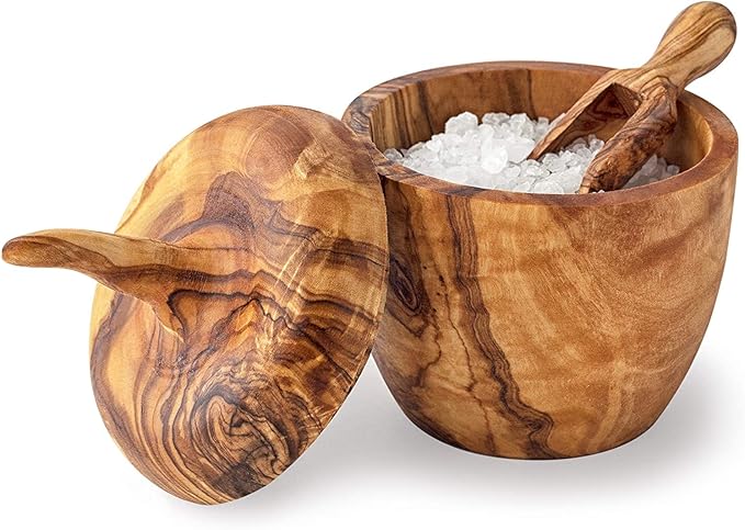 Forest Decor Wooden Salt Box with Scoop - Wood Salt Cellar with Lid - Handmade Spice Holder - Salt Keeper Spice Storage Box - Eco-friendly Bath Salt Container - Olive Wood Pepper Bowls & Spice Jars