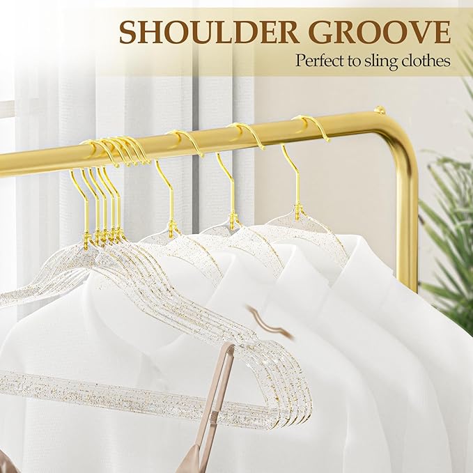50 Pack Clear Plastic Hangers with Gold Glitter, Acrylic, Ultra Slim, Space Saving, for Coats, Pants, Suits, Shirts, Skirts, Dress Clothes