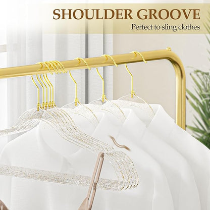 50 Pack Clear Plastic Hangers with Gold Glitter, Acrylic, Ultra Slim, Space Saving, for Coats, Pants, Suits, Shirts, Skirts, Dress Clothes
