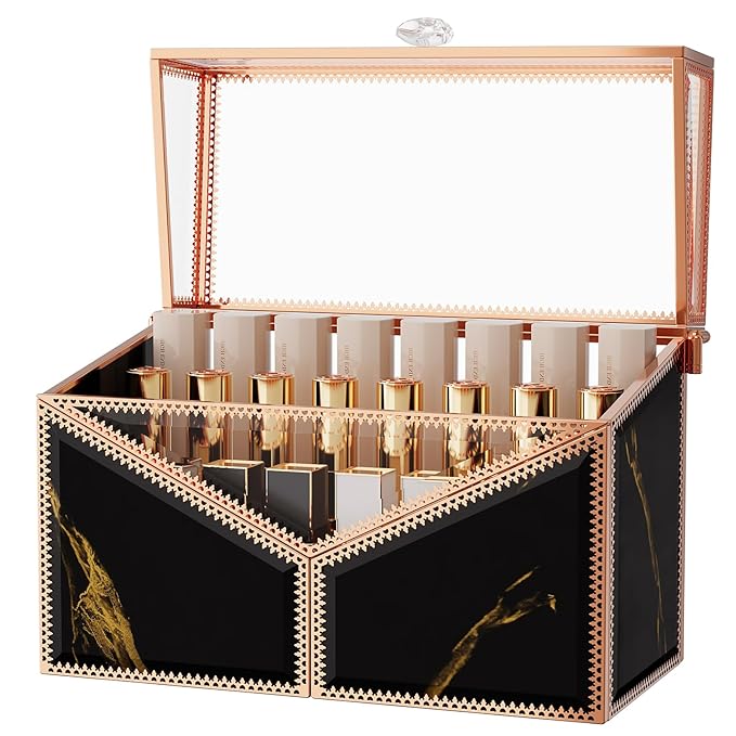 Youdepot Lipstick Organizer Lipstick Holder - 24 Spaces, Tempered Glass Lip Gloss and Perfume Organizer,Vanity Lipstick Holder and Organizer.Black