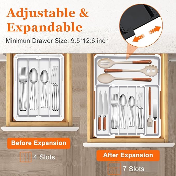 Silverware Organizer Expandable Utensil Drawer Organizer Adjustable Drawer Organizer, Flatware Cutlery Silverware Tray for Spoons Forks Knives Kitchen Organizers Storage (White)