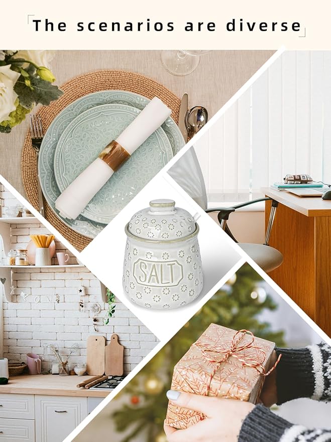 Salt & Pepper Bowl with Lid and Spoon, 10 OZ Ceramic Spices Cellar for Kitchen Counter top, Farmhouse Kitchen Decor (Vintage White, 4.3" Label Salt)