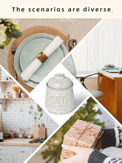 Salt & Pepper Bowl with Lid and Spoon, 10 OZ Ceramic Spices Cellar for Kitchen Counter top, Farmhouse Kitchen Decor (Vintage White, 4.3" Label Salt)