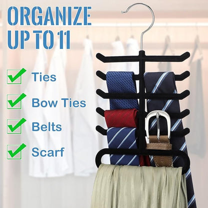 Kathfly 8 Pcs Tie Hanger Organizer, Non-Slip Velvet Closet Rack with 360° Swivel Hook, Space Saving, Holds Ties Belts & Scarves, Durable Multi-Layer Hanger for Closet, Black Flocked