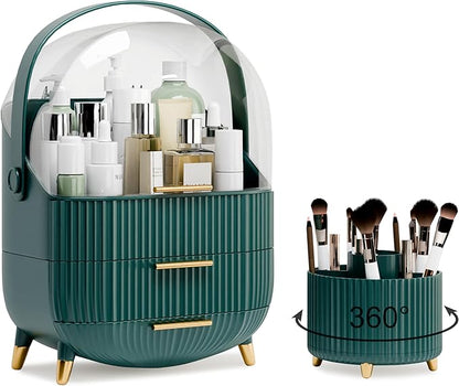 lurcns Makeup Organizers and Storage Make up Organizer for Vanity Cosmetics Skincare With Lid and Drawers Display Cases for Countertop Bathroom Women Teenager Girl Gifts(Dark Green+Brush Holder)