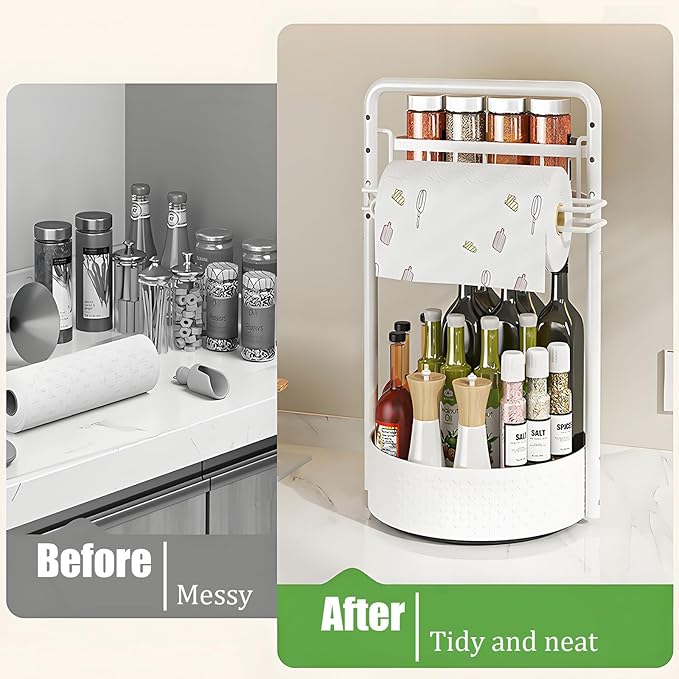 JEESA Rotating Spice Rack with Paper Towel Holder, 2 Tier Lazy Susan for Spices, Sturdy Iron Seasoning Organizer for Kitchen Countertop, White