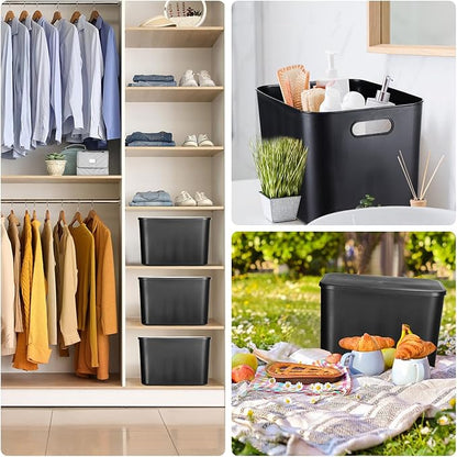 Hoolerry 8 Pieces Colorful Storage Bins with Lid, Plastic Storage Basket Organizing Container Stackable Box with Handle for Shelves Desktop Playroom Office(14.2 x 10.2 x 9.5 Inch,Black)
