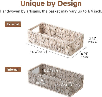 StorageWorks Wicker Toilet Paper Basket for Back of Toilet Baskets, Water Hyacinth Bathroom Basket Organizer and Storage for Tank Topper, Small Tank Trays for Decor with Built-in Handles, White