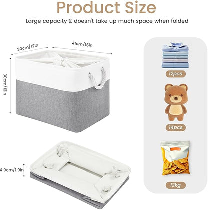 Large Storage Baskets- 16x12x12 inch Storage Bins for Shelves and Closet Organizing, Foldable Fabric Bin for Home Organization Clothes and Laundry (3-Pack, White&Gray)
