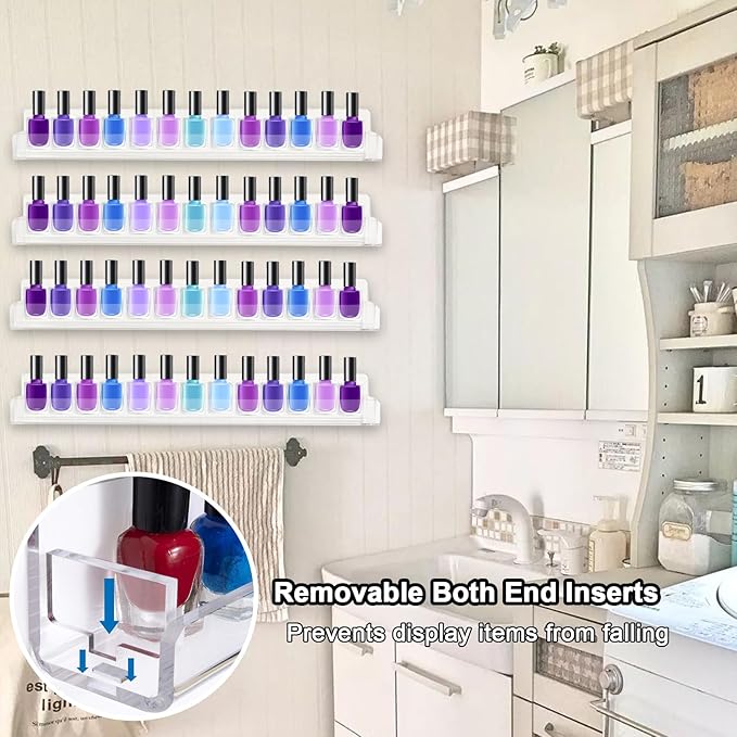 6 Pack Nail Polish Rack, Wall Mounted Organizer Shelf With Removable Anti-slip End Inserts, Clear Acrylic Display Holder for 90 Bottles