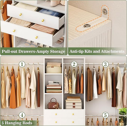 Besiost Closet System, 4.2–8.8 FT Closet Organizer with 2 Wooden Drawers and Shelves, Walk-in Closet System with Hanging Rods, Built-in Closet Tower, Can Fit 60 to 96 inch, White