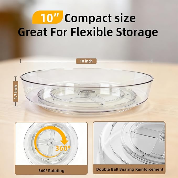 2 Pack Lazy Susan 10 inch Turntable for Spice Organization | Clear BPA-Free Plastic Rotating Organizer for Kitchen Cabinet, Pantry, Countertop, Fridge | 360-Degree Rotating Base