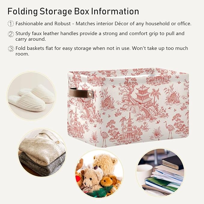 Chinoiserie Style Storage Baskets,Decorative Collapsible Rectangular Canvas Fabric Storage Bin for Home