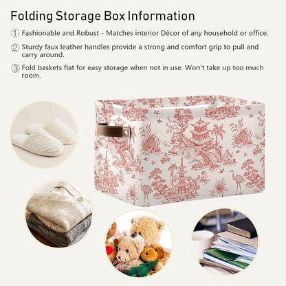 Chinoiserie Style Storage Baskets,Decorative Collapsible Rectangular Canvas Fabric Storage Bin for Home