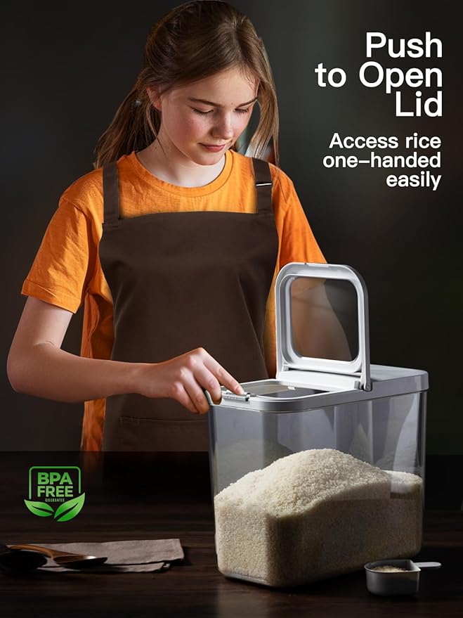 LivLab Mker 20-25 lbs Rice Dispenser with measuring spoon - 11.4Qt/12L Large Airtight Food Storage Rice Container for Cereal, Flour - BPA-Free PET, Slim Space-Saving