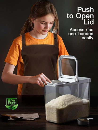 LivLab Mker 20-25 lbs Rice Dispenser with measuring spoon - 11.4Qt/12L Large Airtight Food Storage Rice Container for Cereal, Flour - BPA-Free PET, Slim Space-Saving