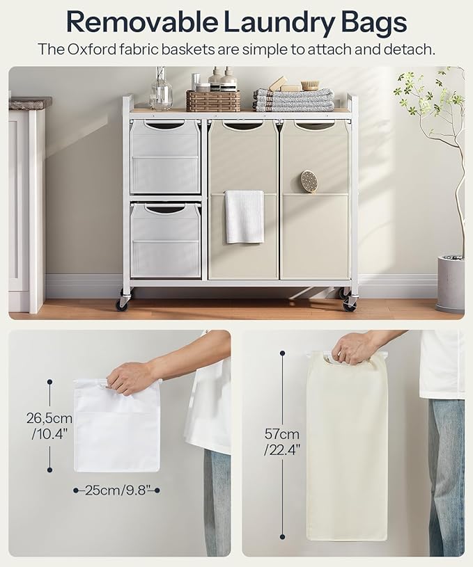 HOOBRO Laundry Sorter with 4 Section, 34 Gal. (127 L) Laundry Hamper with Wheels, Rolling Laundry Basket with Shelves, Pull-Out Detachable Bags, Side Pockets, White, Natural and Beige WNE14XY01N1