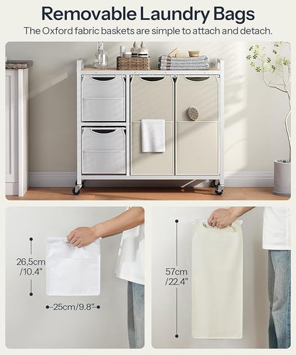 HOOBRO Laundry Sorter with 4 Section, 34 Gal. (127 L) Laundry Hamper with Wheels, Rolling Laundry Basket with Shelves, Pull-Out Detachable Bags, Side Pockets, White, Natural and Beige WNE14XY01N1