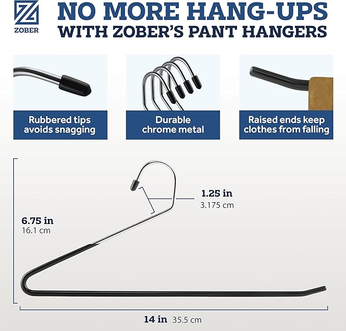 Zober Pants Hangers Non Slip - Open Ended Pants and Jean Hangers for Closet - Space Saving Clothes Hanger - Strong, Durable, Metal Pant Hangers (Black)