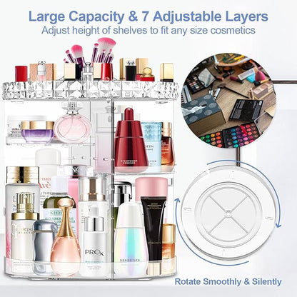 360 Rotating Makeup Organizer, DIY Adjustable Makeup Carousel Spinning Holder Rack, Large Capacity Cosmetic Brush Lipstick Storage Organizer Box for Vanity