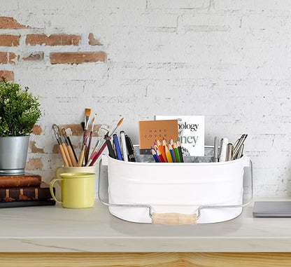 Galvanized Metal Caddy with 4 Compartments, Rustic Farmhouse Kitchen Indoor Outdoor Picnic Utensil Holder, Multipurpose Storage Bin, Metal Garden Planters - 12 Inch - White