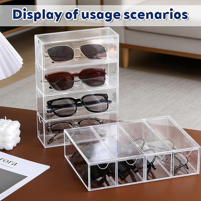 2PCS Sunglass Organizer for Multiple Pairs Clear Acrylic Organizer, 9.65 * 6.89 * 2.56 Inch Plastic Stackable Eyeglass Case Storage Organizers with 4 Drawers for Glasses Jewelry Watch Storage