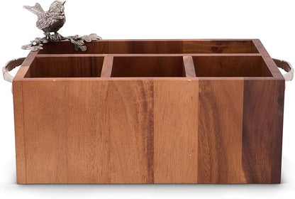 Vagabond House Caddy Rectangle Acacia Wood Flatware/Serve ware/Utensil/Carry-All Holder Solid Pewter Song Bird Accent and Real Leather Handles, 3 Small and 1 Larger Compartment 13.5 inch Long