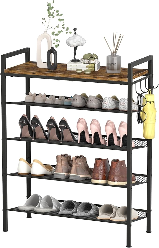 Shoe Rack for Entryway, Sturdy Metal Shoe Storage, 5 Tier Shoe Rack with Mesh Shelves, Adjustable Shoe Organizer for Closet, Front Door Entrance, Bedroom